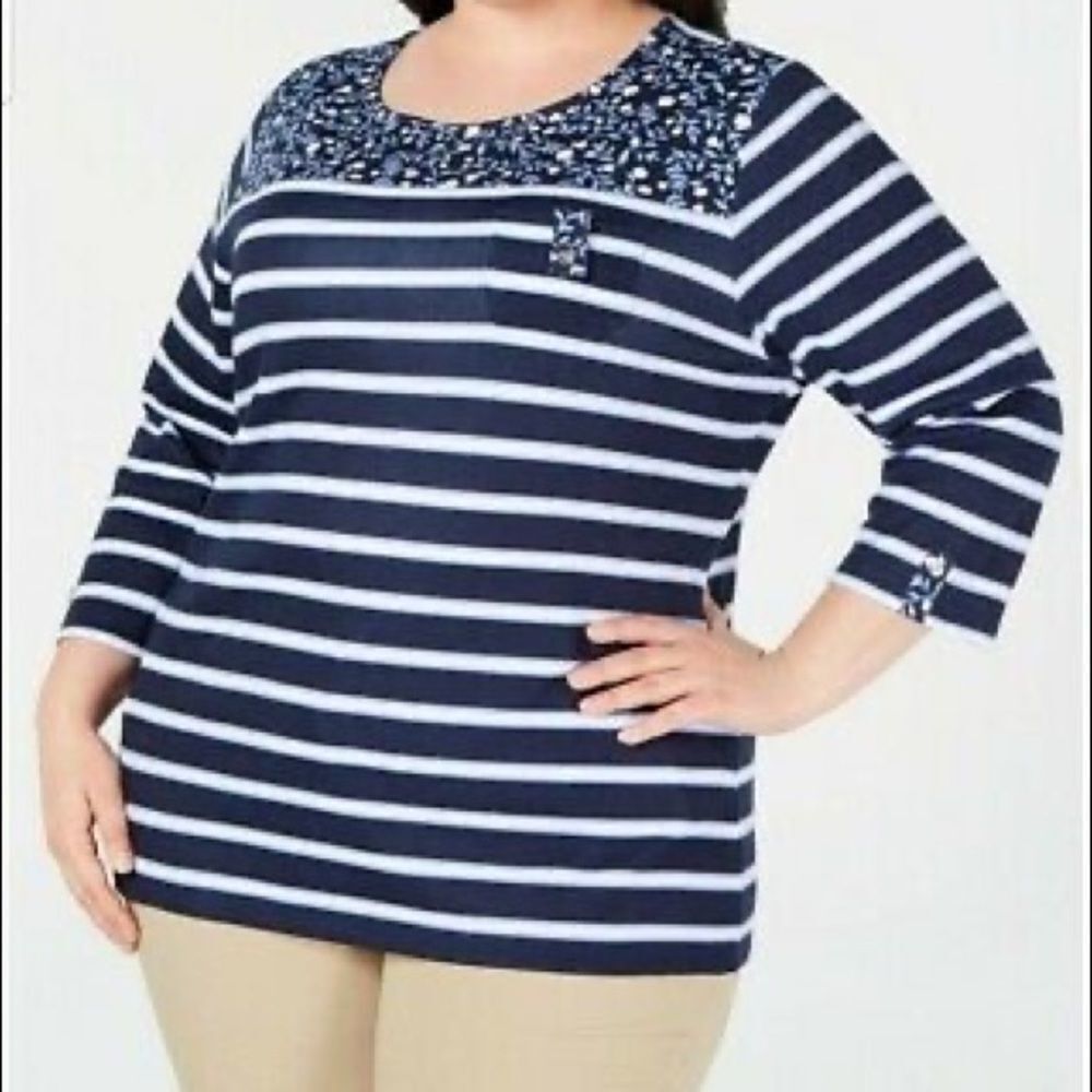 Karen Scott Plus Size 3/4 Sleeve Printed Top Blue 1X NWT